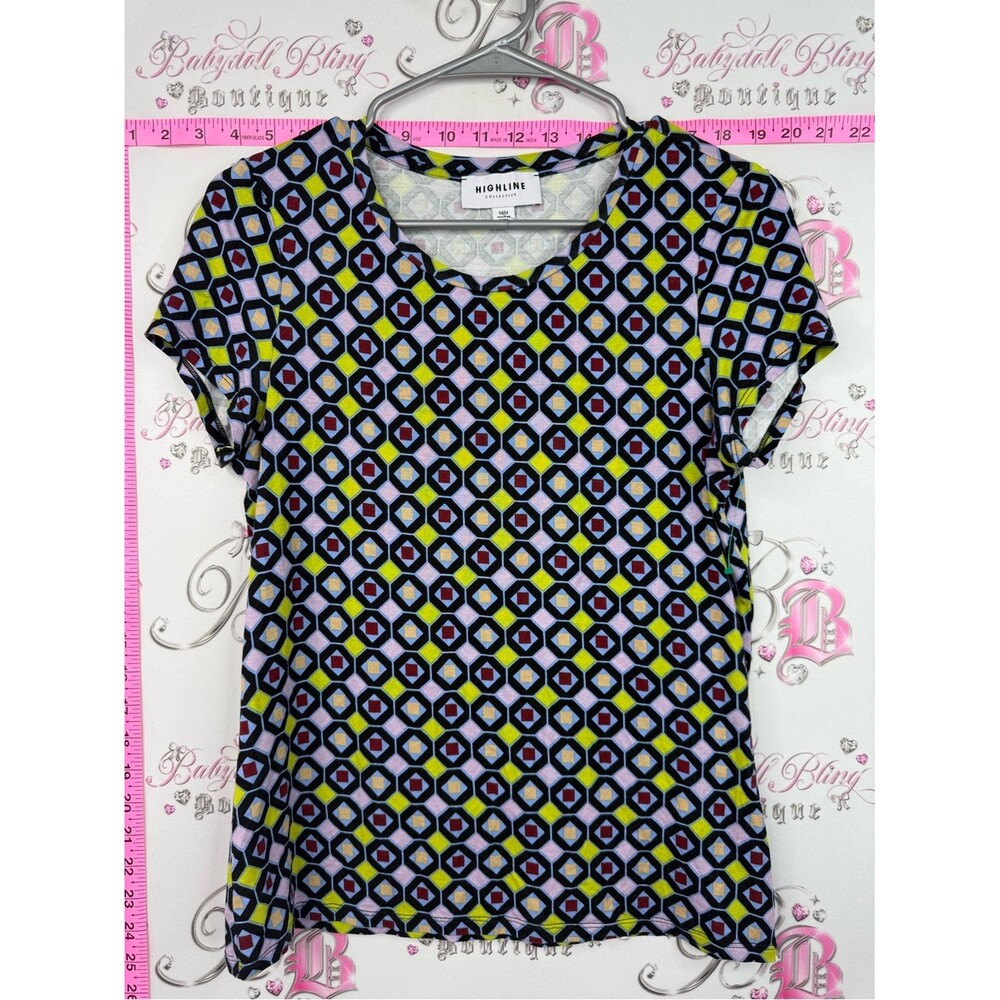 Highline Geometric Print Short Sleeve Top - Black, Blue, Yellow, Pink